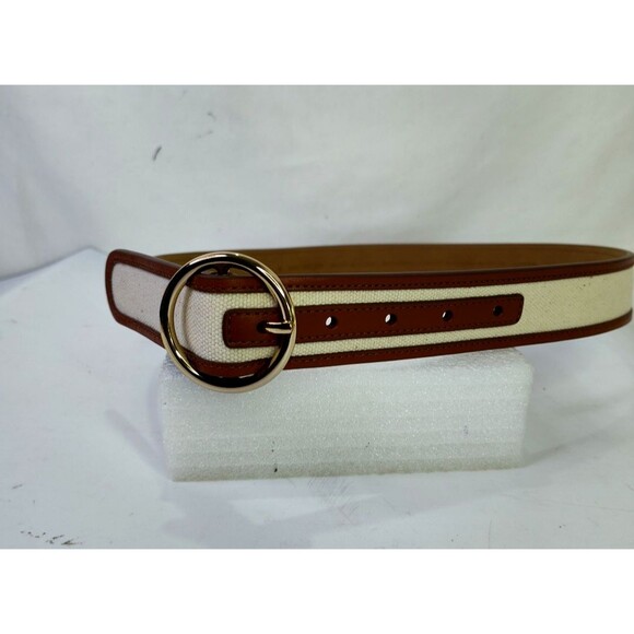 Ann Taylor S (31"-35") Womens Belt Leather Canvas Brown Beige Gold Tone Buckle - Picture 5 of 11